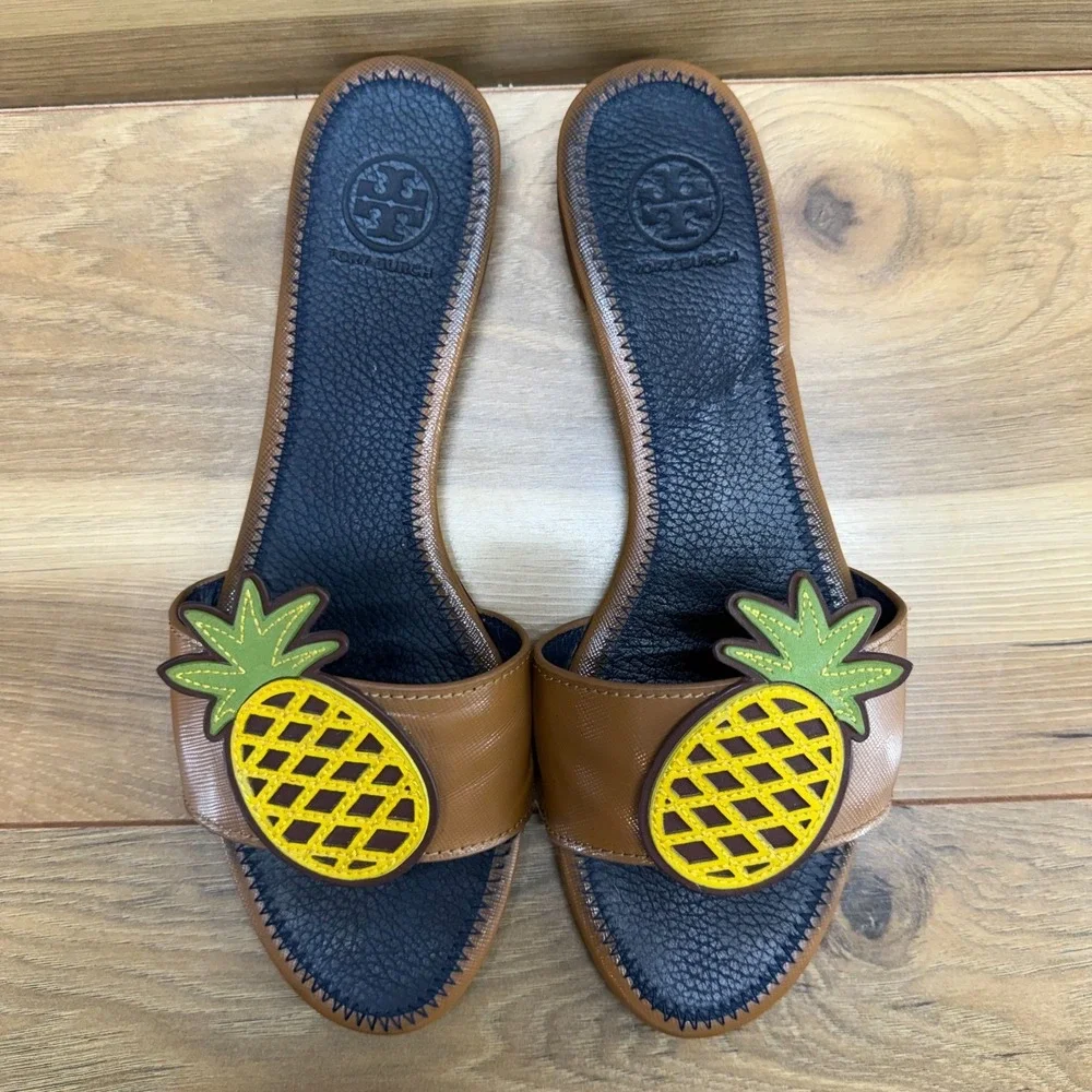 Tory Burch Pineapple Leather‎ Slide Sandals 8.5 M Brown Tan Vacation Resort